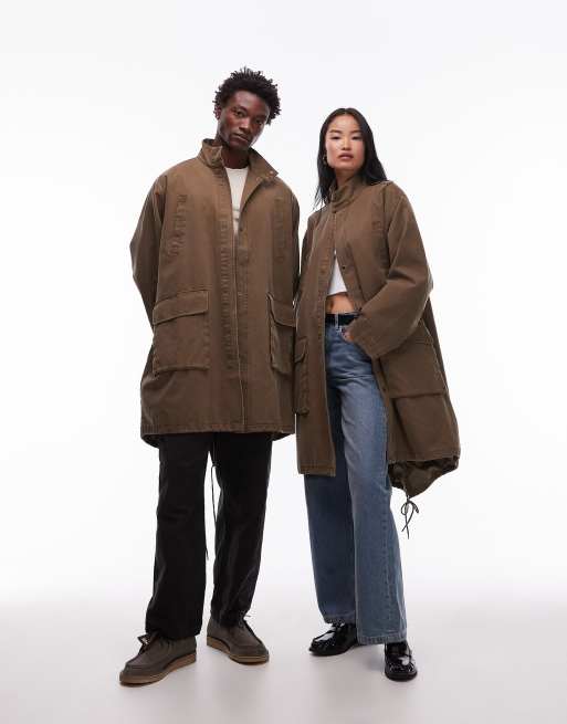 COLLUSION Unisex longline parka in khaki
