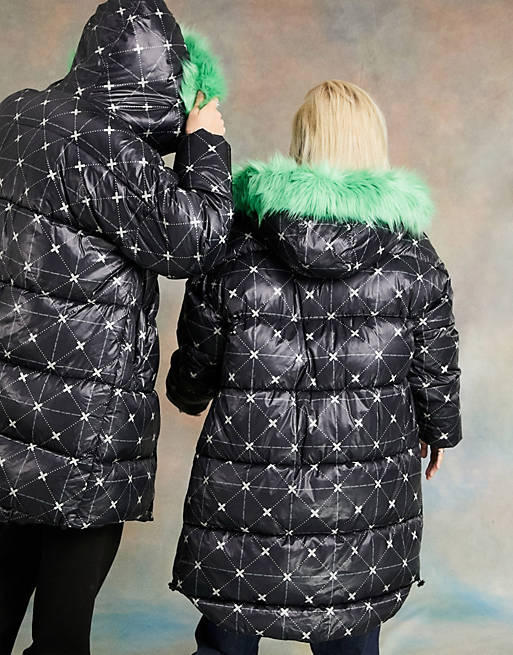 COLLUSION longline printed puffer with faux hood | ASOS
