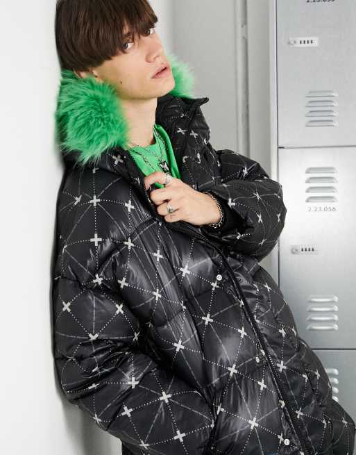 COLLUSION Unisex longline printed puffer coat with faux fur hood