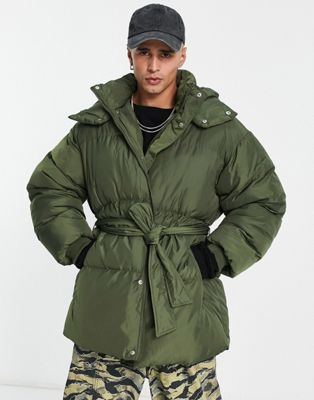 COLLUSION Unisex longline puffer coat with belt detail in khaki
