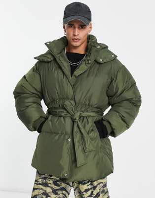 COLLUSION Unisex longline puffer coat with belt detail in khaki-Green