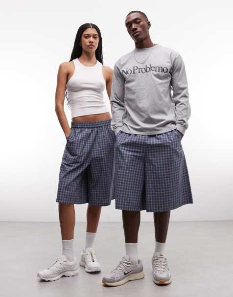 COLLUSION Unisex longline short in blue check - view 1