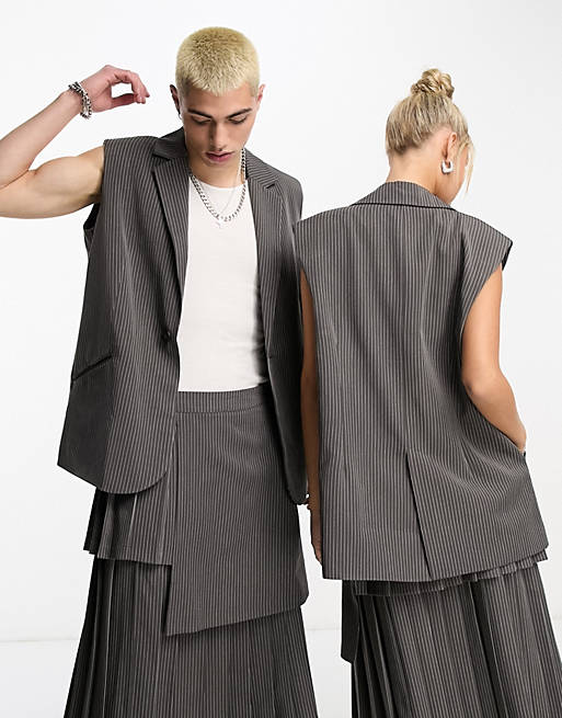 COLLUSION Unisex longline vest in dark gray pinstripe - part of a set ...
