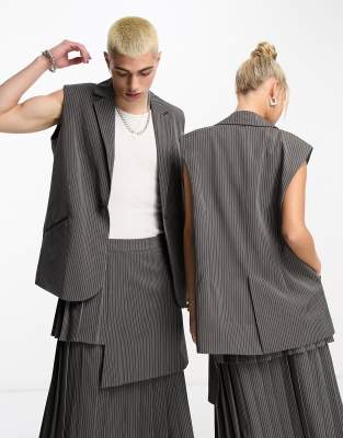 COLLUSION Unisex longline waistcoat in dark grey pinstripe co-ord