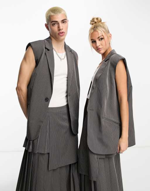 COLLUSION Unisex longline waistcoat in dark grey pinstripe co ord ASOS