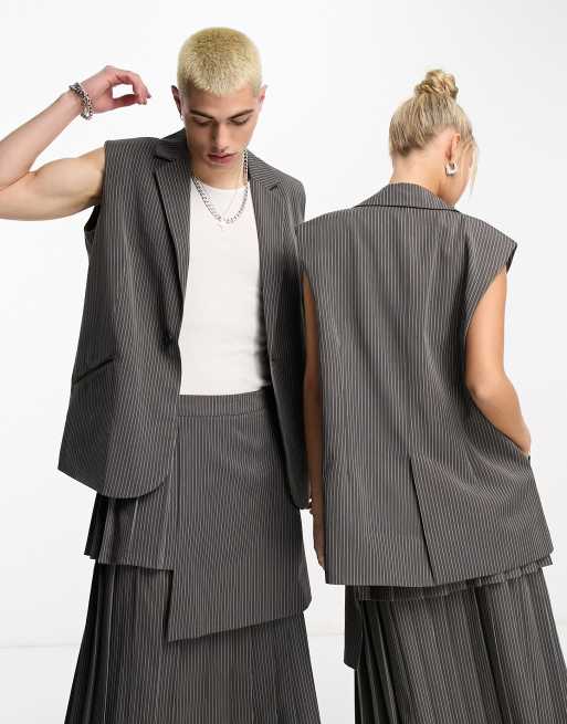 COLLUSION Unisex longline waistcoat in dark grey pinstripe (part of a set) 