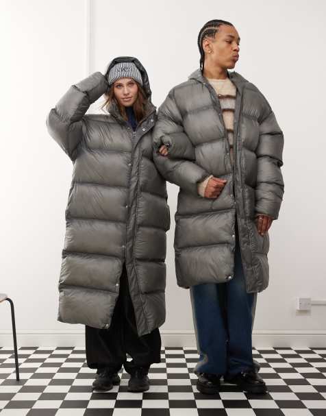 COLLUSION Unisex longline washed puffer in khaki - view 1