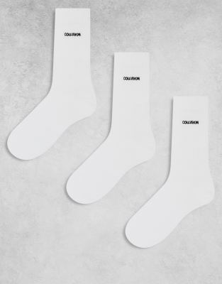 COLLUSION Unisex - Lot de 3 paires de chaussettes à logo - Blanc
