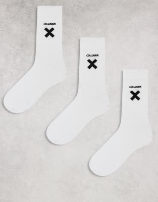 COLLUSION Unisex - Lot de 3 paires de chaussettes à logo X - Blanc