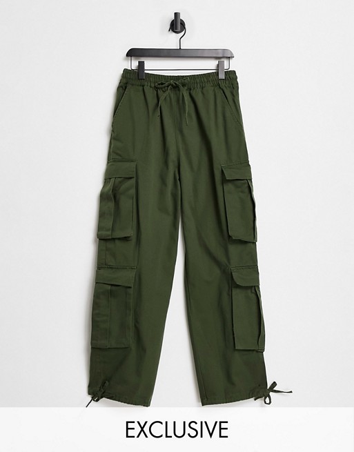 COLLUSION Unisex low rise baggy utility trousers in khaki