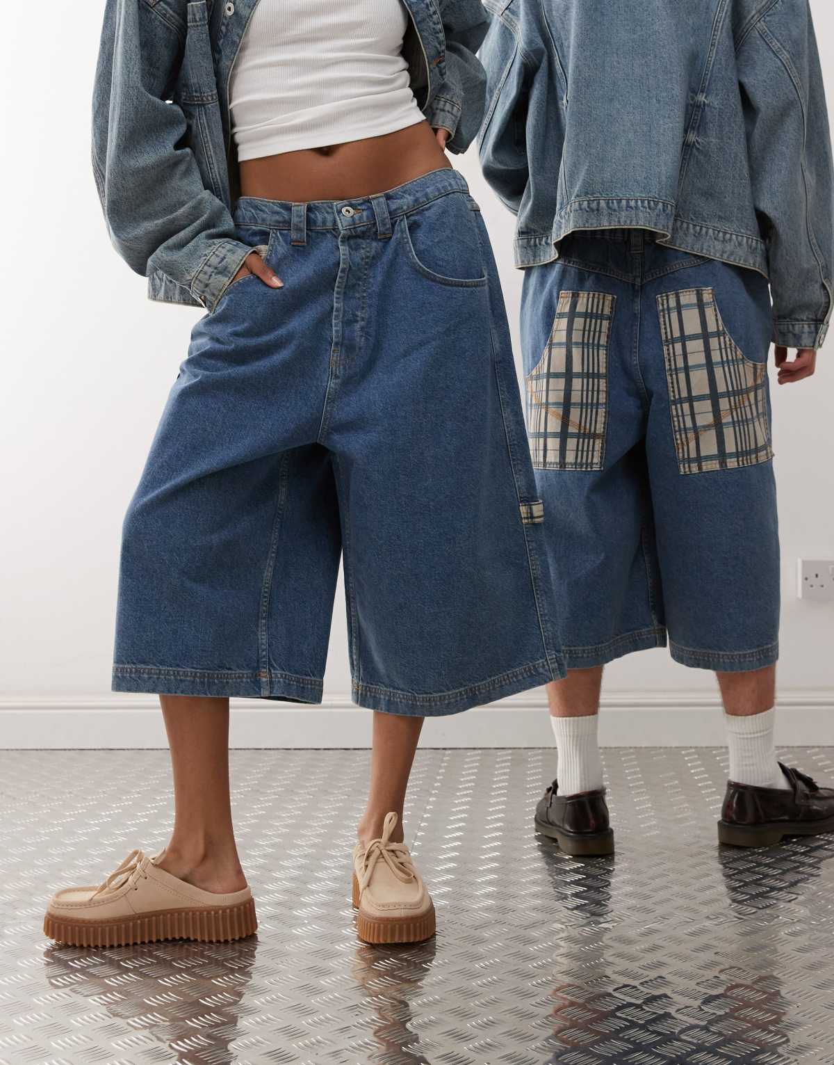 COLLUSION Unisex low rise check jort in mid blue