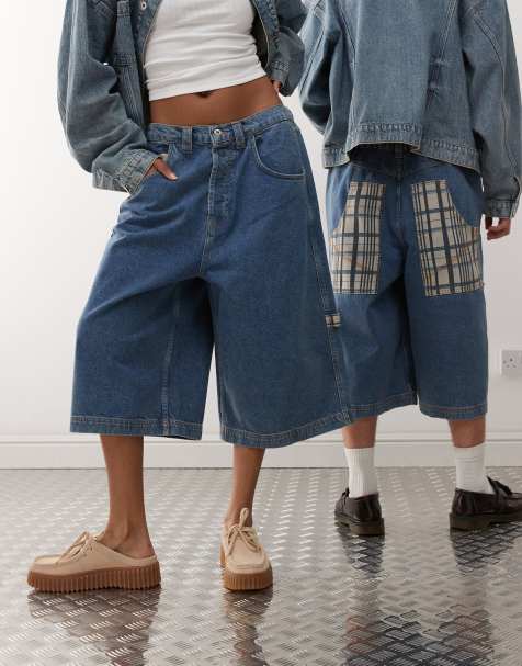 COLLUSION Unisex low rise check jorts in mid blue - view 1
