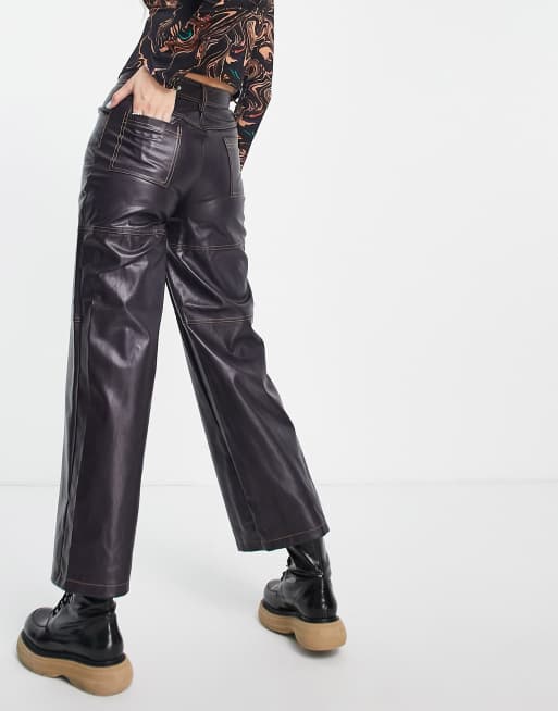 COLLUSION Unisex low rise loose fit faux leather pants with contrast stitch  in brown