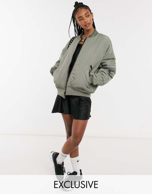 COLLUSION Unisex MA1 bomber jacket with ruched sleeve detail in khaki