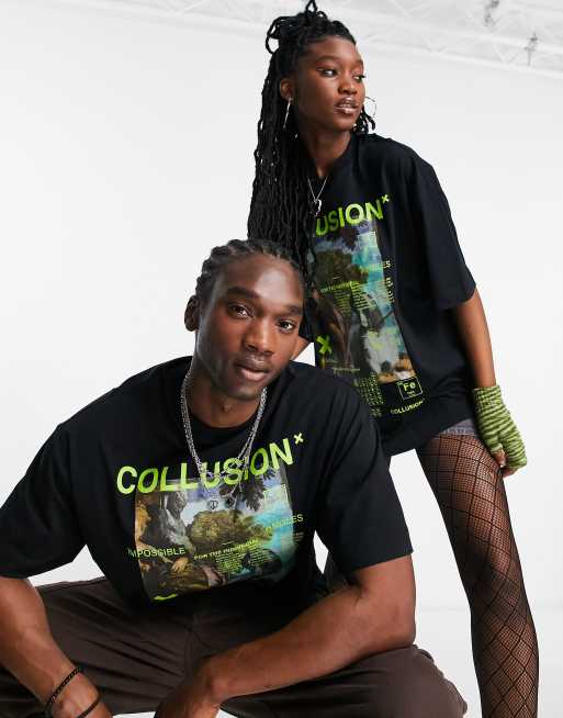 COLLUSION unisex magazine front print t-shirt in black | ASOS