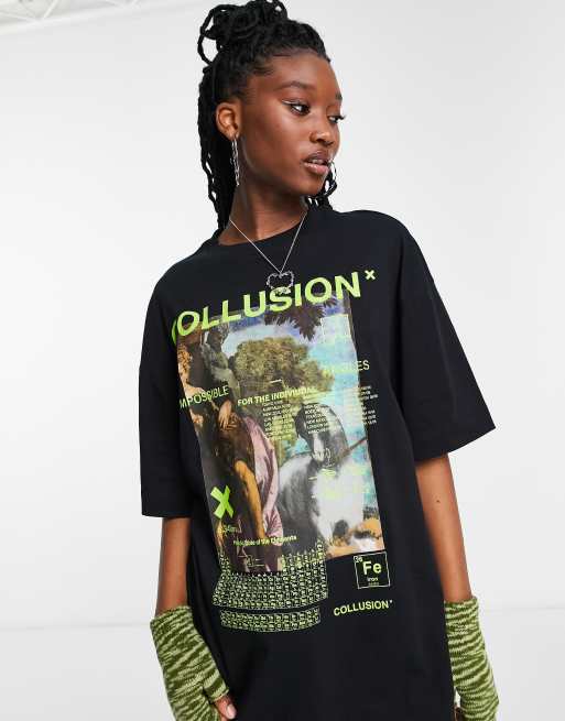 COLLUSION unisex magazine front print T-shirt in black | ASOS