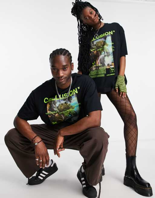 COLLUSION unisex magazine front print T-shirt in black | ASOS