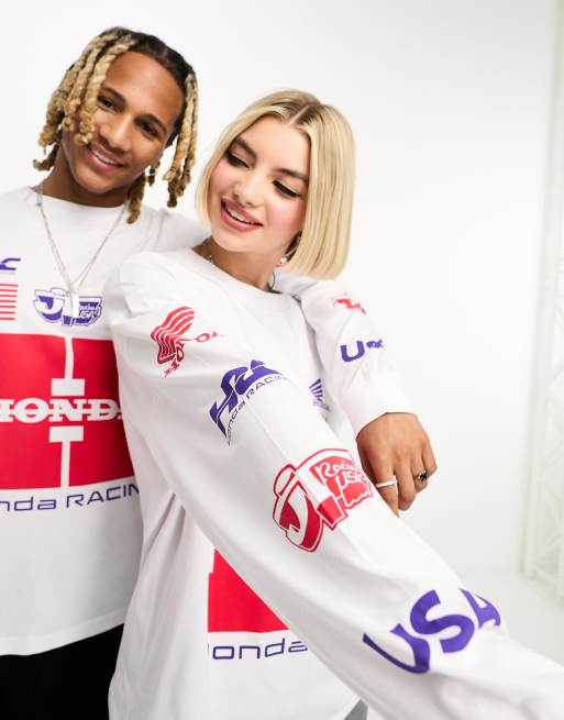 COLLUSION Unisex - Maglietta a maniche lunghe bianca con stampa Honda su licenza