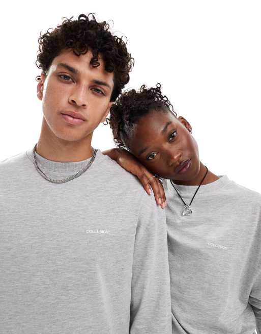 COLLUSION Unisex - Maglietta a maniche lunghe unisex color grigio mélange con logo