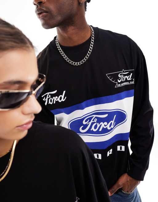 COLLUSION Unisex - Maglietta nera a maniche lunghe con stampa Ford su licenza, 4 di 4