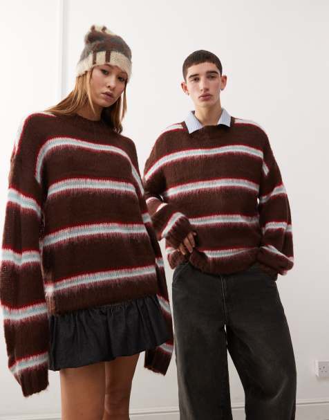 COLLUSION Unisex - Maglione girocollo oversize in tessuto spazzolato viola a righe - view 1