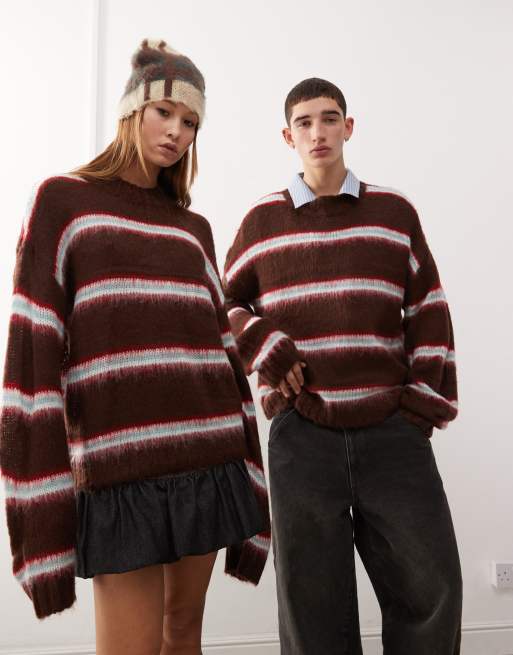 COLLUSION Unisex - Maglione girocollo oversize in tessuto spazzolato viola a righe