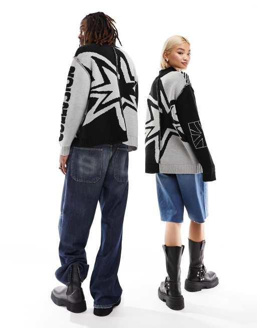 COLLUSION Unisex - Maglione nero e grigio jacquard combinato con logo, 3 di 4