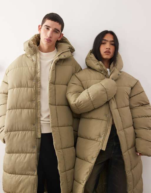 COLLUSION Unisex maxi puffer coat in khaki green