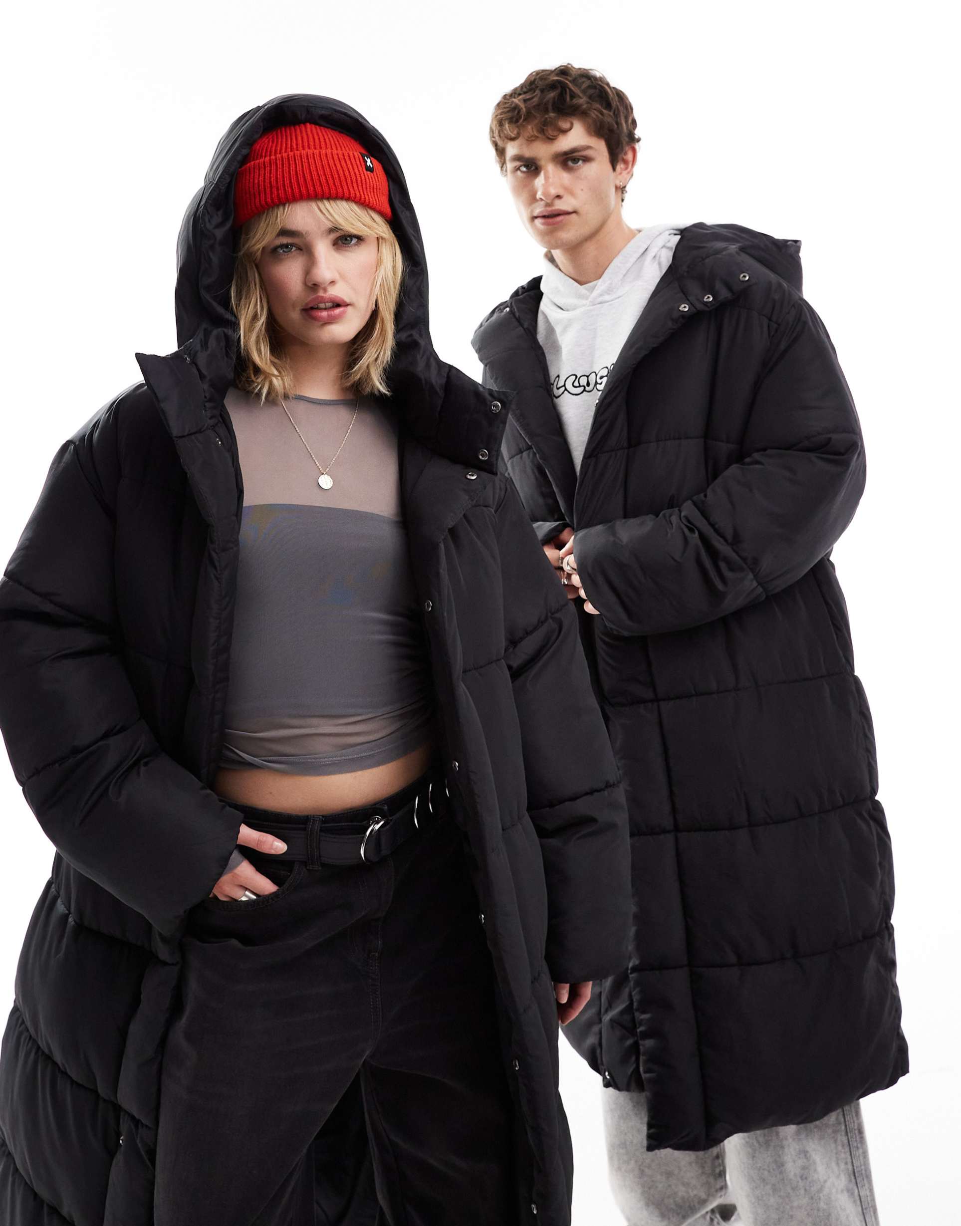 collusion unisex maxi puffer jacket with hood in black