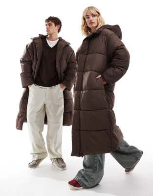 Unisex maxi puffer jacket with hood in brown-Green