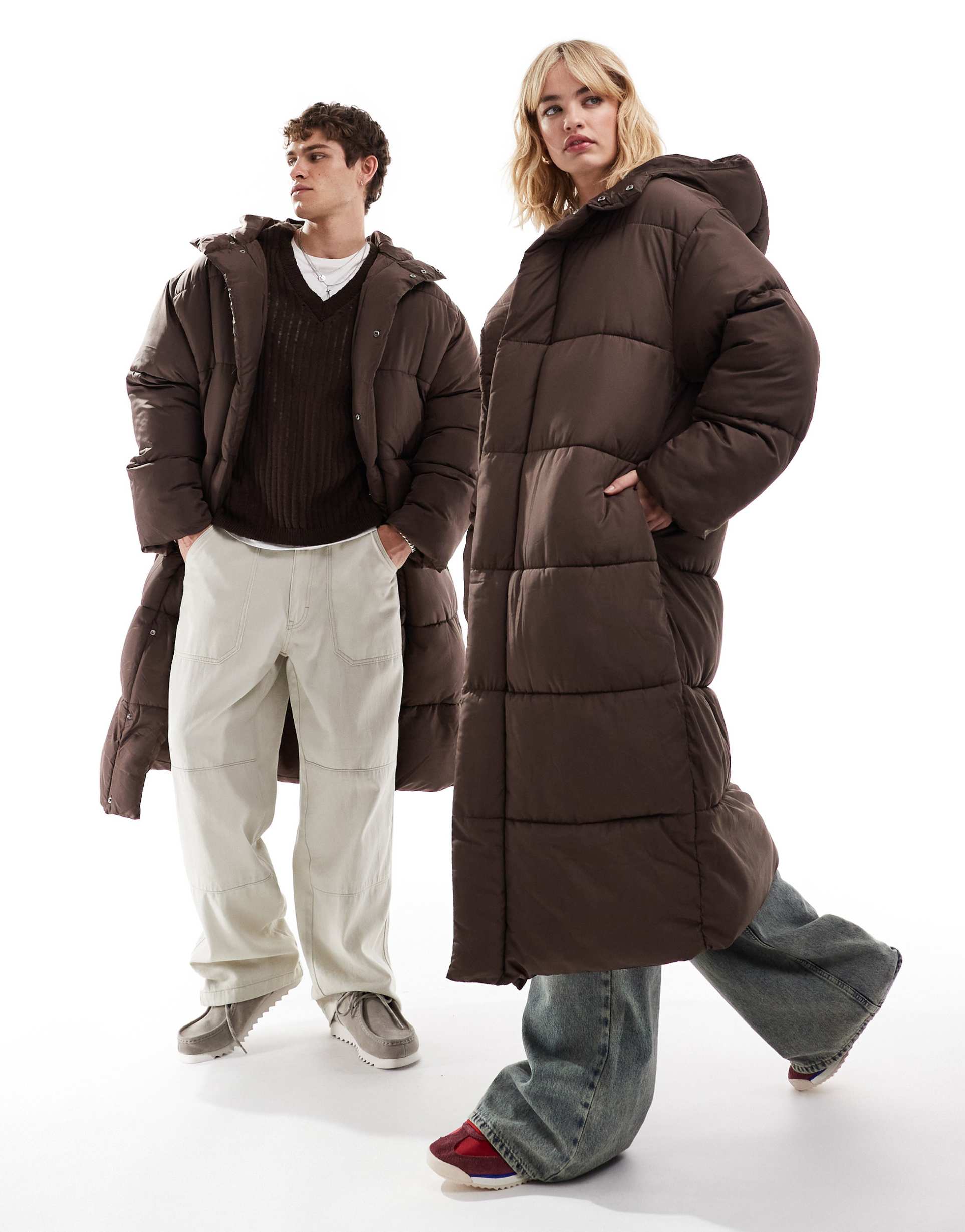 collusion unisex maxi puffer jacket with hood in brown