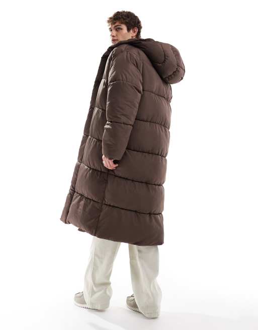 COLLUSION Unisex maxi puffer jacket with hood in brown ASOS