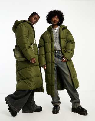 Collusion Unisex Maxi Puffer Jacket With Hood In Dark Green-multi