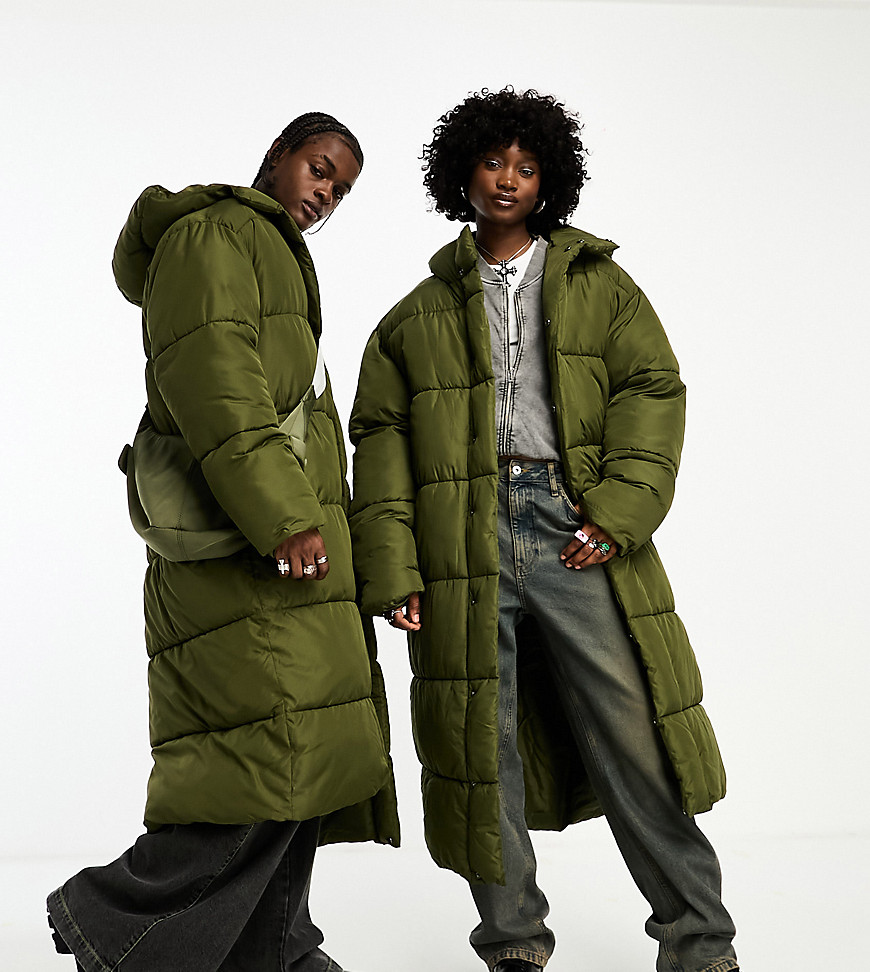 Collusion Unisex Maxi Puffer Jacket With Hood In Dark Green-multi