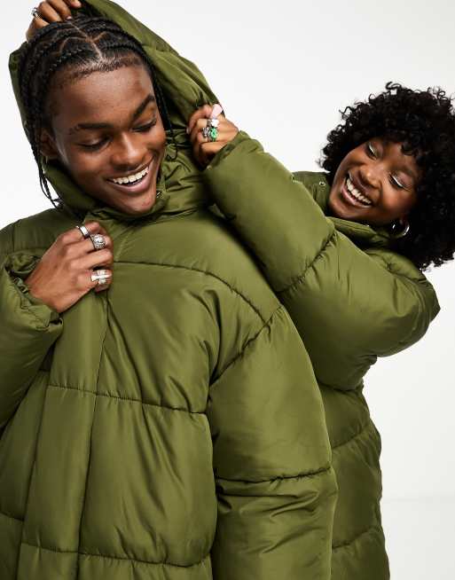 COLLUSION Unisex maxi puffer jacket with hood in dark green