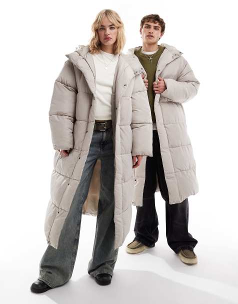 COLLUSION Unisex maxi puffer jacket with hood in stone - view 1
