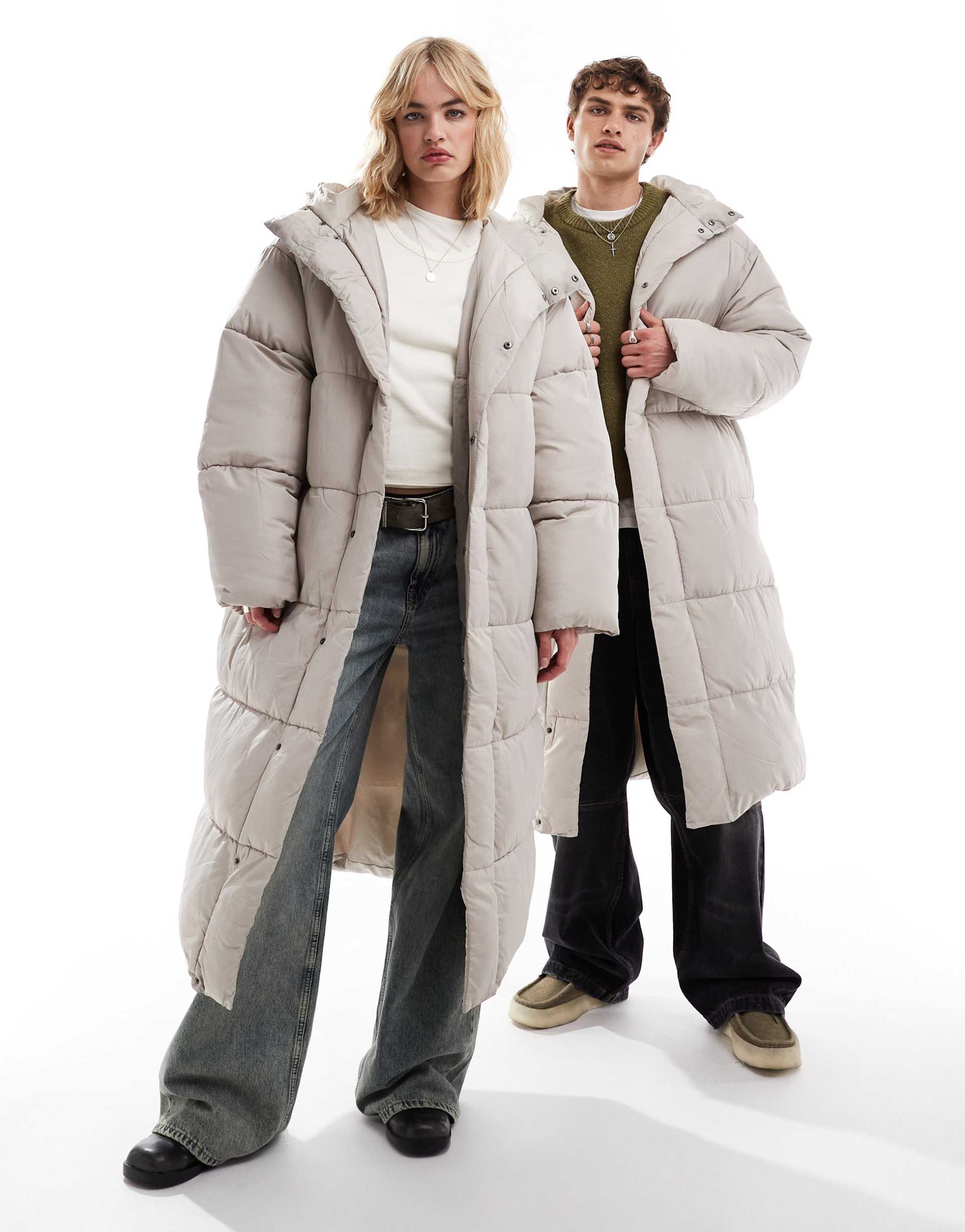 collusion unisex maxi puffer jacket with hood in stone