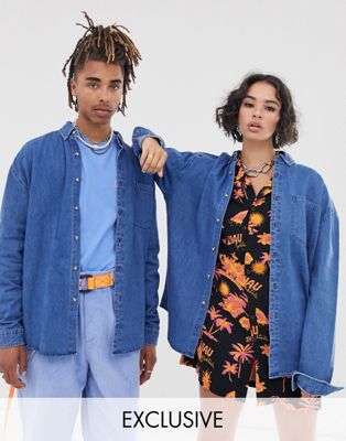 COLLUSION – Unisex – Mellanblå jeansskjorta i oversize-modell
