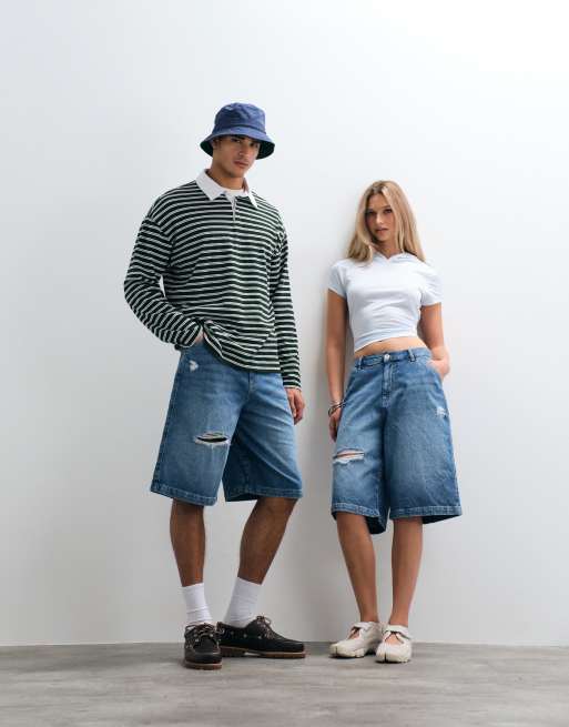 COLLUSION Unisex - Mellemblå forvaskede jorts med sliddetaljer, 3 af 5
