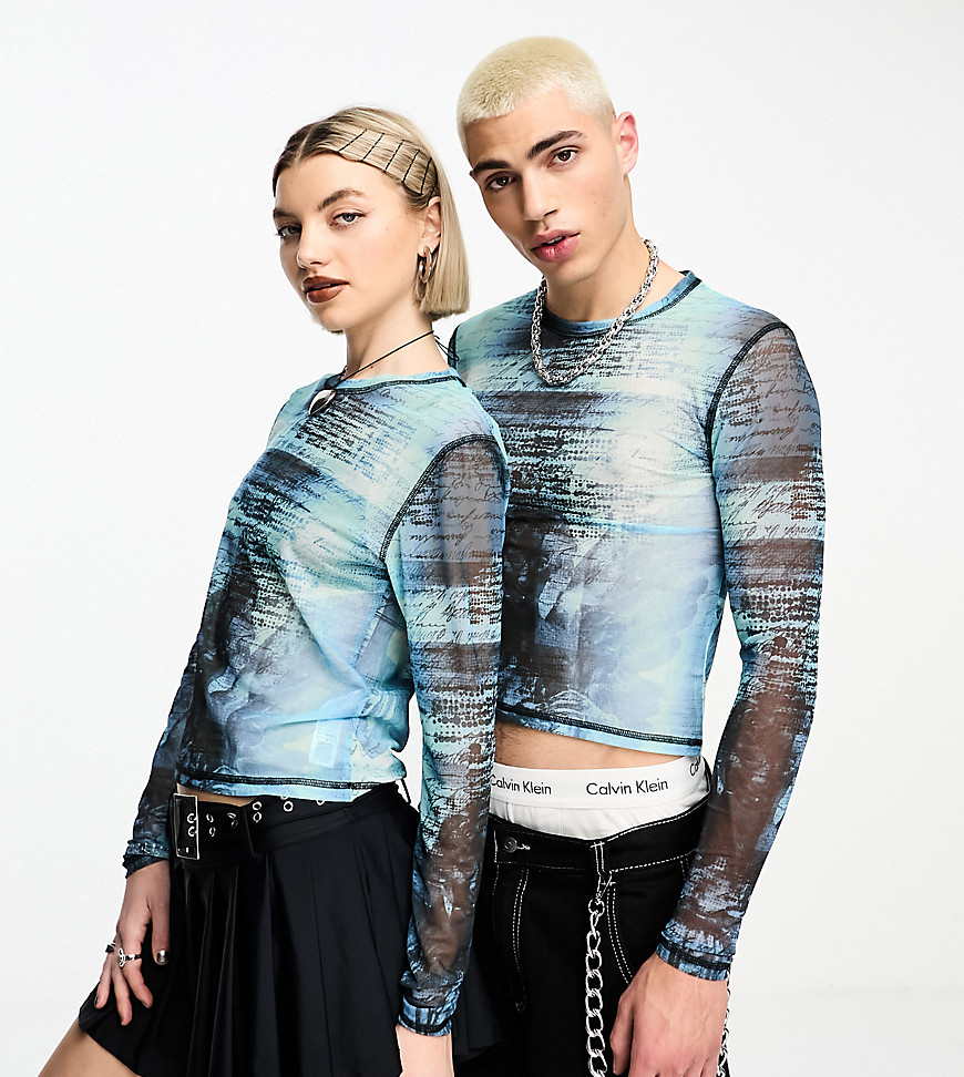 COLLUSION Unisex mesh blur printed long sleeve in top in blue