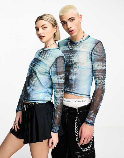 COLLUSION Unisex mesh blur printed long sleeve top in blue