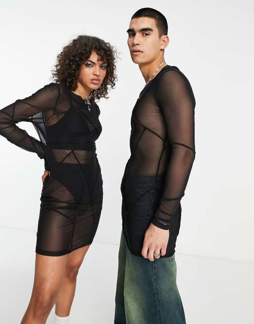 ASOS DESIGN long sleeve mesh top with seam detail in black