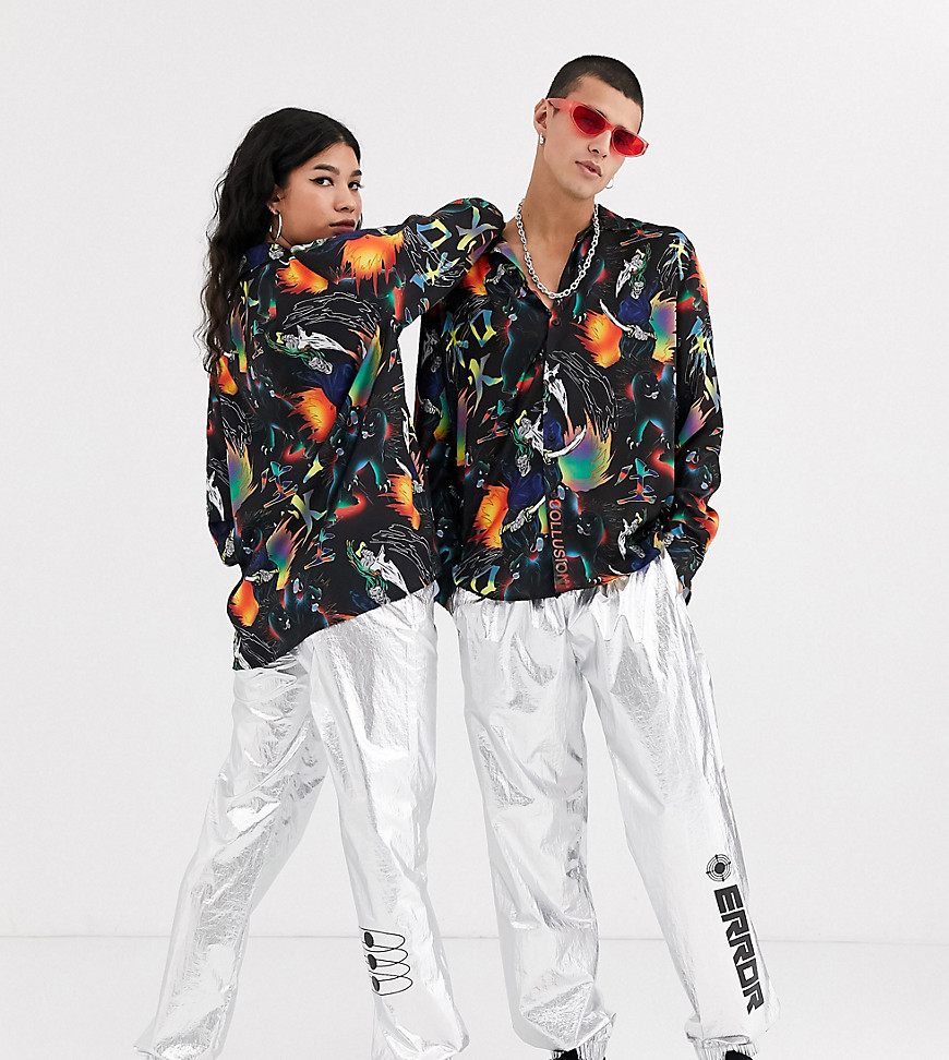 COLLUSION Unisex metallic jogger with placement prints-Silver
