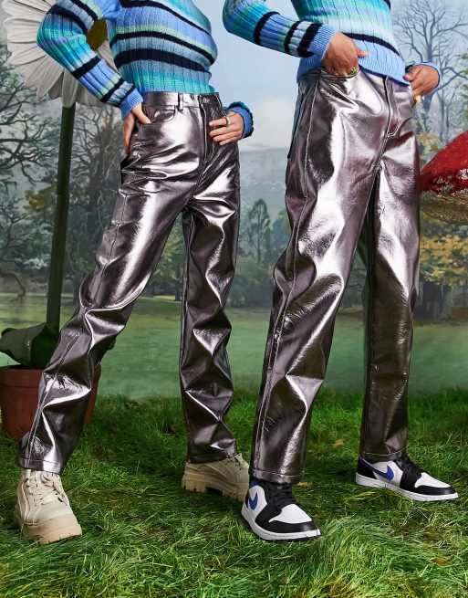 COLLUSION Unisex metallic low rise faux leather baggy pants in gunmetal