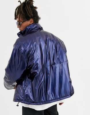 metallic puffer jacket blue