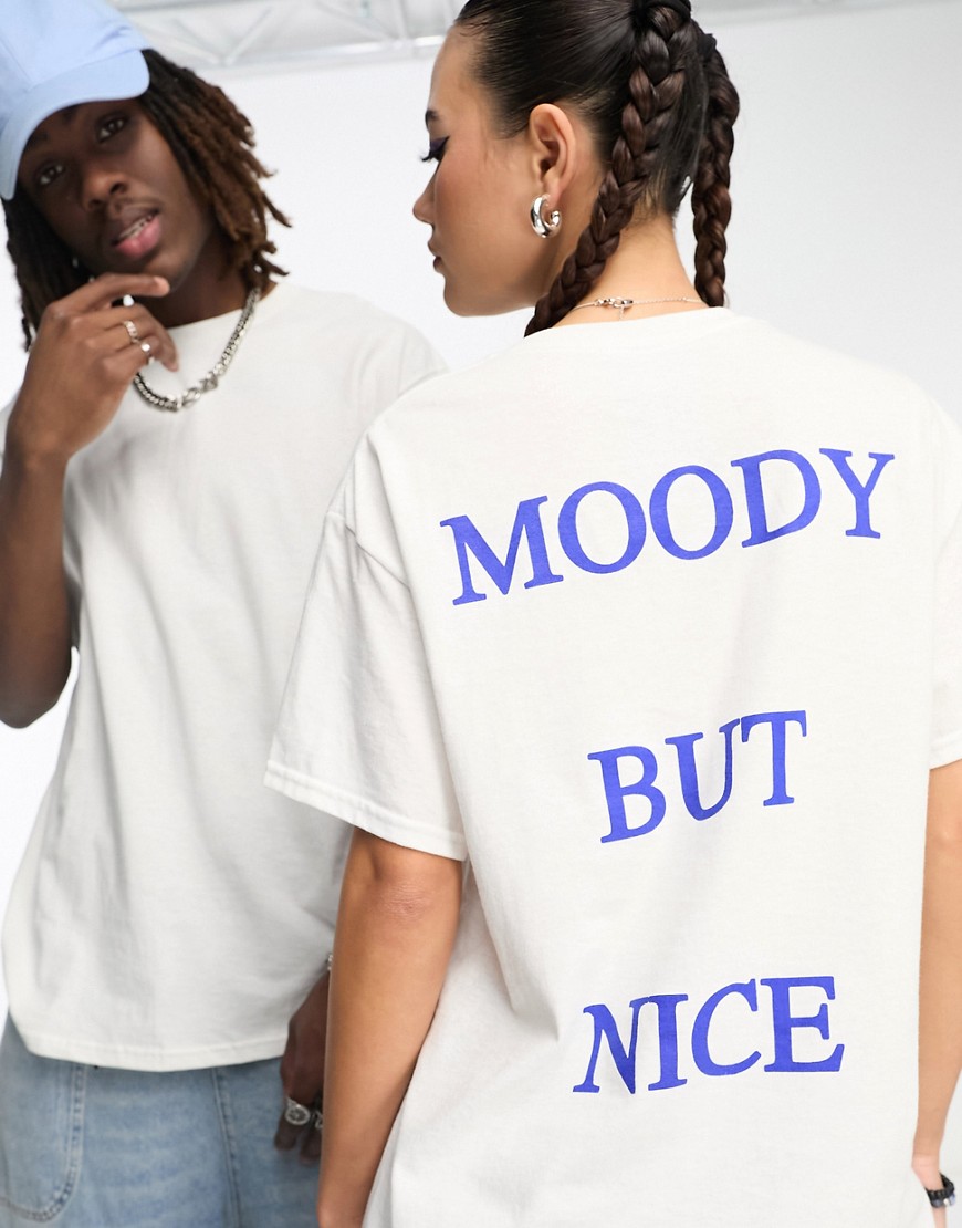 Collusion Unisex Moody But Nice Slogan T-shirt In White
