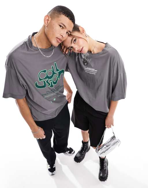 COLLUSION Unisex – Mörkgrå 2-i-1-t-shirt i skatestil med vändbar design 