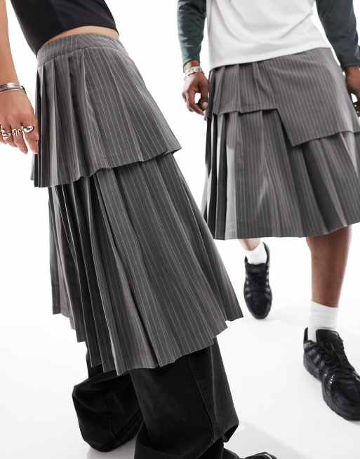 COLLUSION Unisex – Mörkgrå, kritstrecksrandig kilt i lång modell, 3 av 4