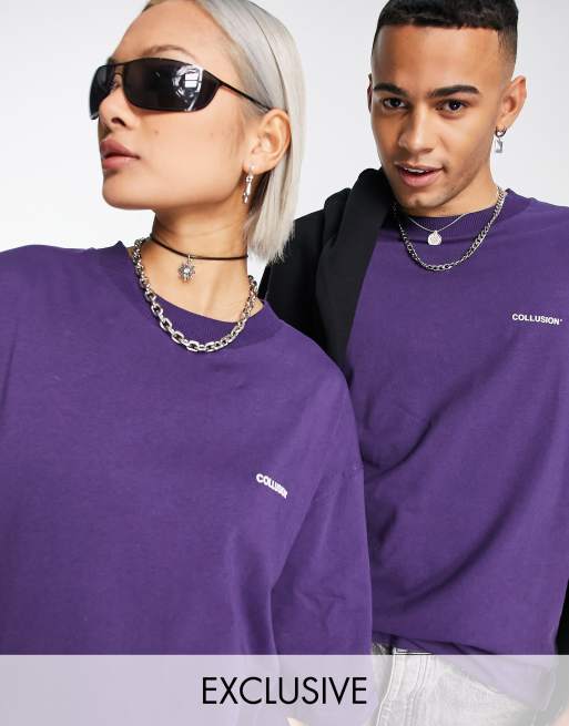 COLLUSION Unisex – Mörklila t-shirt i oversize med logga