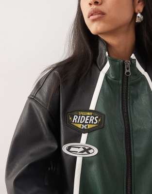 Collusion Unisex Motocross Biker Jacket With Badges-black In Neutral